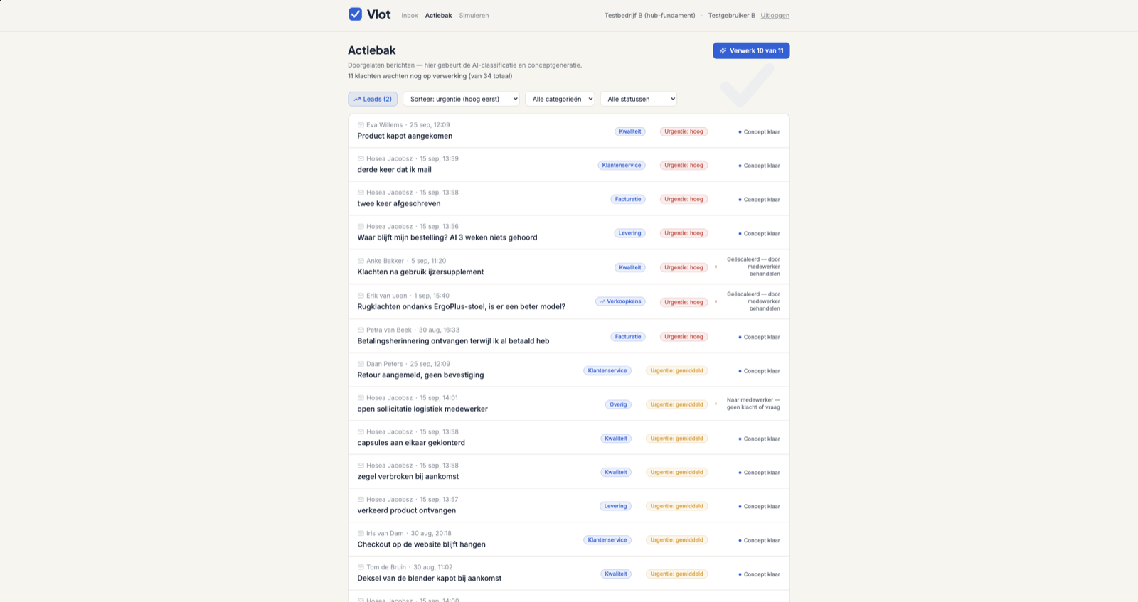 Vlot Hub — Actiebak met geclassificeerde klachten